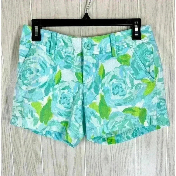 Lilly Pulitzer Shorts Size 00 Blue The Callahan Floral Cotton Chino Rose Print - Picture 2 of 10